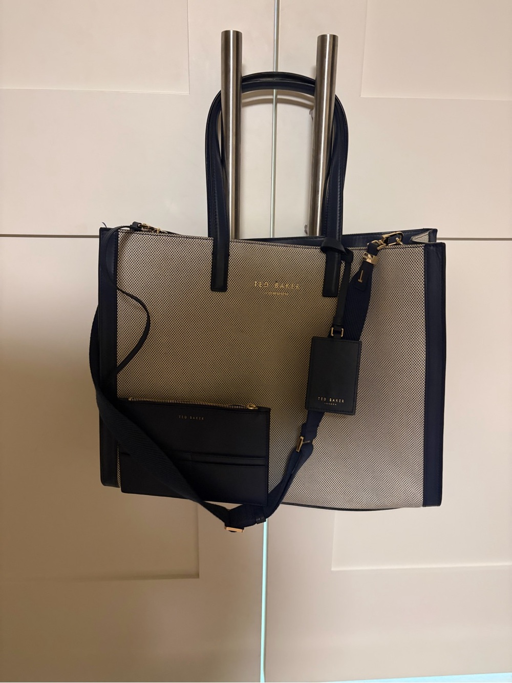 Ted Baker Navy and Cream  Tote with Detachable Strap and Pouch
